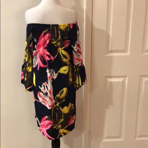 Navy Floral Off Shoulder Bell Sleeve Tunic Shift Mini Dress Size M thumbnail 7