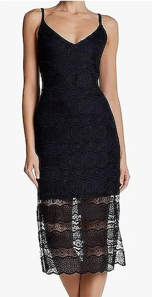Betsey Johnson Navy Blue Lace Midi Dress - Sheer Scalloped Hem Size 6 thumbnail 1