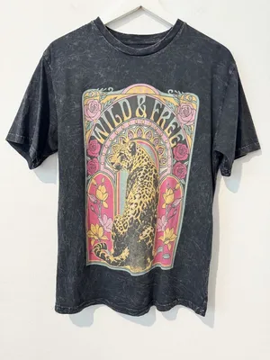 Wild & Free Graphic Boyfriend Tee Size Medium Mineral Wash Leopard Relaxed Fit thumbnail 2