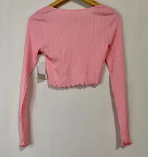 BP. Women’s Scoop Neck Waffle Knit Cropped Henley Long Sleeve Pink Candy NWT thumbnail 7