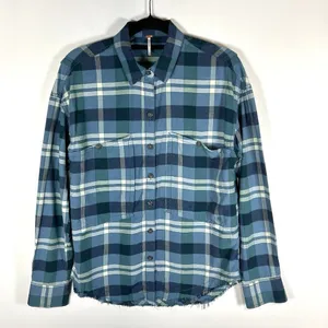 Free‎ People Loveland Plaid Button Down Shirt Blue Rayon Cotton Tunic Sz XS Boho thumbnail 1