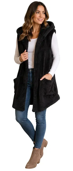 Zenana Outfitters Women’s Fuzzy Hooded Long Vest Size L Black Open Front thumbnail 1