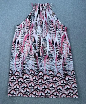 Pants Store Pink Feather Peacock Print Mini Dress Size Medium High Neck Halter thumbnail 1