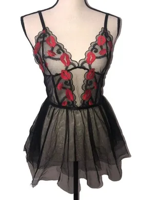 Babydoll Cami Med Black Red Embroidered Goth Fairy Slip Sexy Lips Lingerie Y2K thumbnail 1
