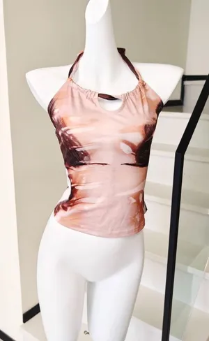 Abstract Figure Print Halter Cami Top Keyhole Cutout  thumbnail 1