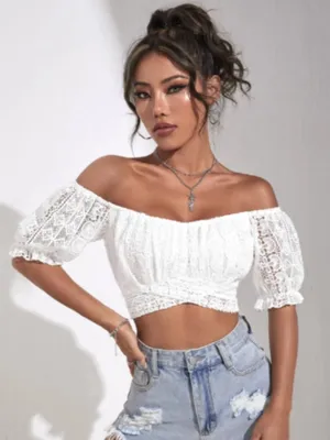 NWOT SHEIN White Privé Off Shoulder Puff Sleeve Tie Back Guipure Lace Top Size 6 thumbnail 3