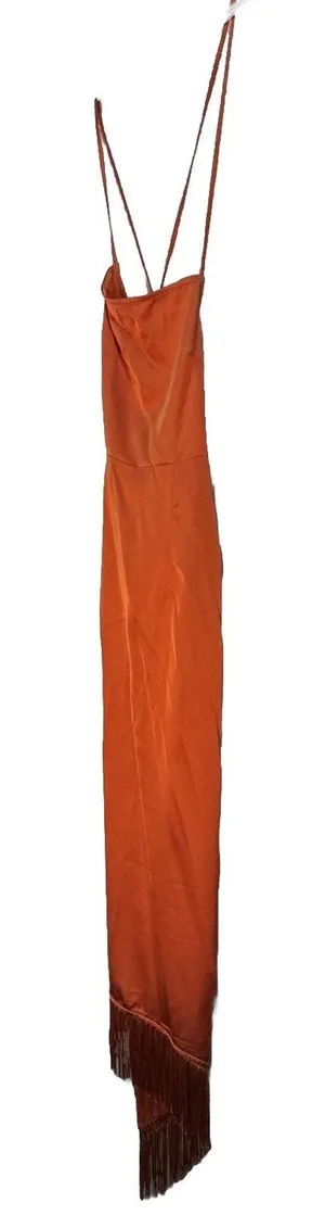 Pretty Little Thing Rust Strappy Back Satin Maxi Hi Low Tassel Hem Dress Size 4 thumbnail 1
