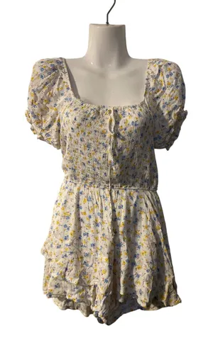 Altar'd State Boho Floral Romper Smoked Ruched Bodice Short Puff Sleeves Flirty thumbnail 1