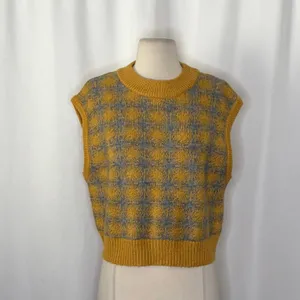 ZARA Chunky Wool Sweater Vest Plaid Star Pattern Yellow Gray Academia Small thumbnail 3