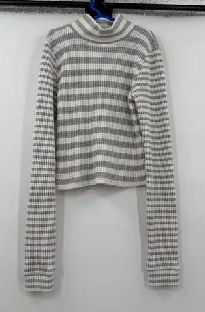 Aerie Womens XS Striped Mock Neck Long Sleeve Waffle Knit Top White Grey thumbnail 1
