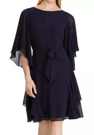 Lauren Ralph Lauren Cocktail Dress Mandie Navy Blue Ruffled Knee-Length Sz 14 thumbnail 1