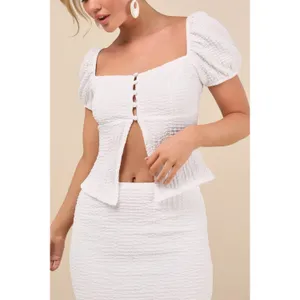 New Lulus Esma White Textured Knit Puff Sleeve Two-Piece‎ Midi Dress Sz Small thumbnail 3