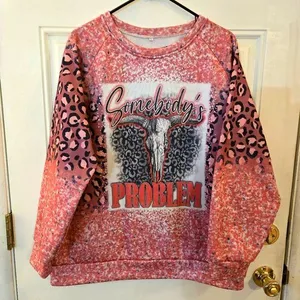 Pink Leopard Print Women's Sweater Crewneck Western Somebody's Problem Size XL thumbnail 1