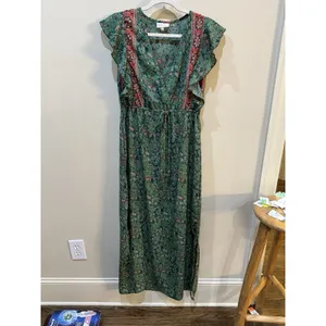 Boemo Ruffle Prairie Floral Green Paisley Maxi Dress V-Neck Ruffle Size Medium thumbnail 2