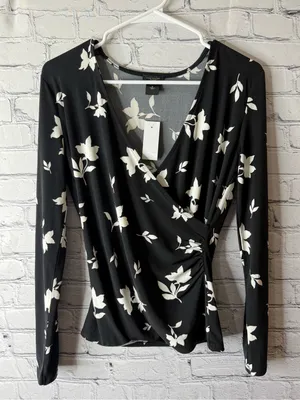 NWT Ann Taylor Black Floral Wrap-Front Long Sleeve Top small thumbnail 2
