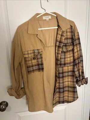 No Comment Two-Tone Tan Corduroy & Plaid Shacket thumbnail 1