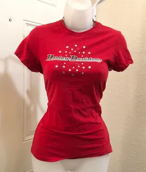 Vintage Red Harley Davidson fitted henley Tshirt tee top shirt blouse rhinestone stars short sleeve Made in USA 2000s #y2k #goth #punk #biker #motorcycle rock thumbnail 3