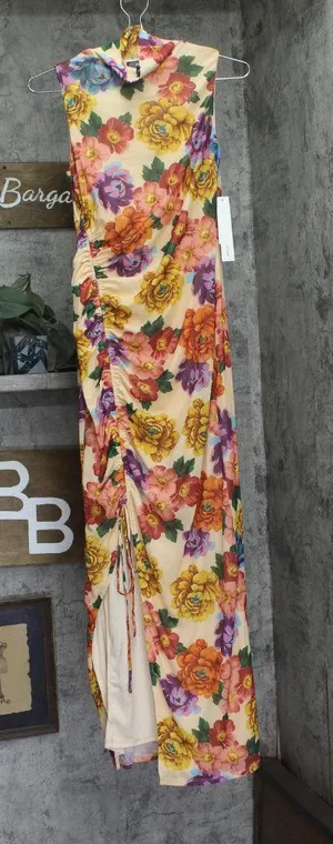 Aqua Womens Mesh Ruched Floral Maxi Dress DI10749BL Yellow Multi S thumbnail 1