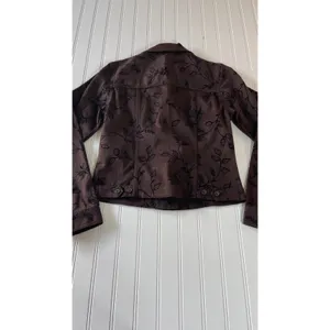 AT Vintage Denim Brown Floral Flocked Velvet Print Trucker Jacket Womens XS thumbnail 8