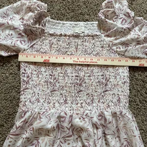 Loft Outlet Pink & White Floral Smocked Midi Dress With Puff Sleeves Sz Medium thumbnail 4