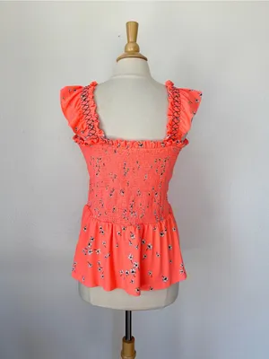 CeCe Neon Coral Floral Smocked Sleeveless Peplum Tank Top thumbnail 5