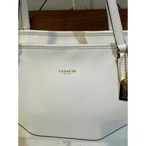 Coach City Saffiano White Leather Large East/West Tote gold hardware minimalist thumbnail 5