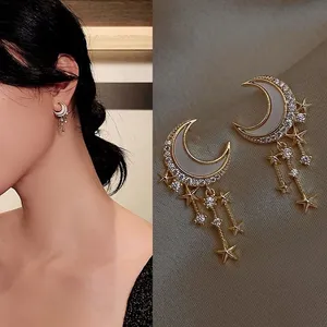 18K Gold Moon Stars Tassel Stud Earrings thumbnail 2
