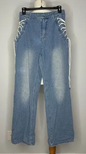 Blush- Blue Jeans with Lace up Sides thumbnail 1