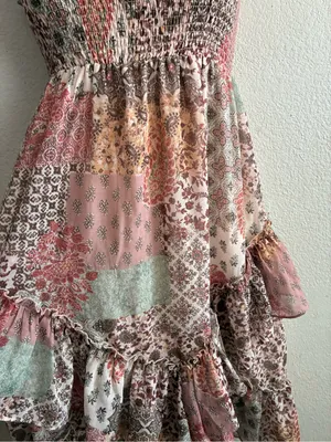 Life Boho Patchwork Ruffle Convertible Dress/Skirt Blush Multi L Pink Size L thumbnail 6