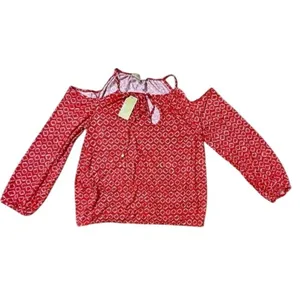 Michael Kors Orange‎ Red Open Shoulder Keyhole Blouse LARGE Bohemian NWT thumbnail 2