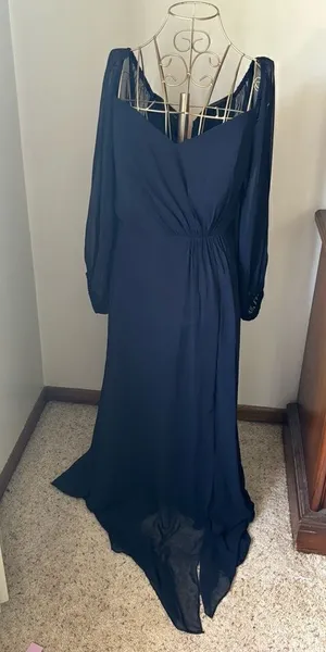 Dessy Collection Vivian Diamond Navy Maxi Dress Off Shoulder Puff Sleeve 14 thumbnail 1