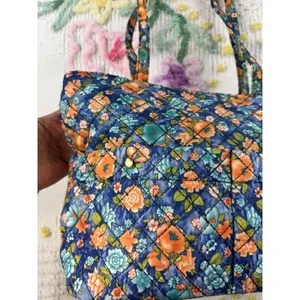 Blue‎ Floral Quilted Cotton Tote Bag Zippered Shoulder Bag with Pockets thumbnail 5