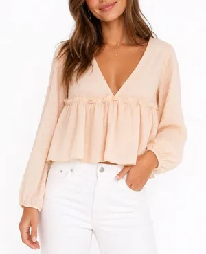 Peach Swiss Dot Deep V-Neck Peplum Blouse Long Sleeve Ruffle Top Large thumbnail 1