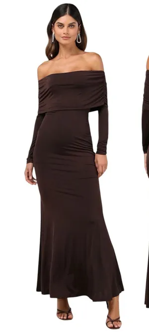 Lulus Effortlessly Stunning Dark Brown Off-the-Shoulder Maxi Dress size S NWT thumbnail 1