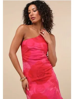 NWT Lulus Pretty Serene Pink Floral One Shoulder Asymmetrical Midi Dress - Med thumbnail 8