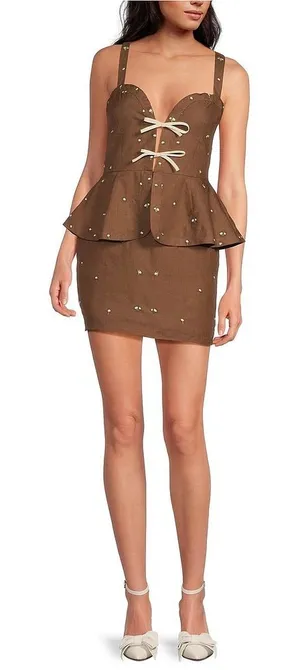 Fanm Mon Helaina Floral Bow Front Sweetheart Neck Sheath‎ Peplum Mini Dress thumbnail 1