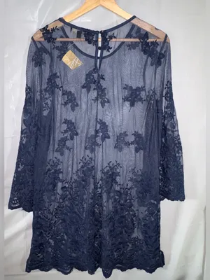 Suzanne Betro Long Sleeve Blue Floral Lace Tunic Top Sz XL Swim Coverup Pullover thumbnail 2