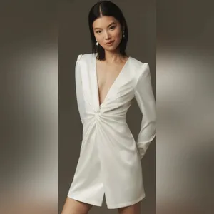 BHLDN Anthropologie NWT Maya‎ Twist Long Sleeve V-Neck Satin Bride Dress thumbnail 3
