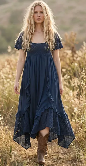 Free People Ethereal Bohemian Bring The Romance Maxi Dress Midnight Blue Small thumbnail 1