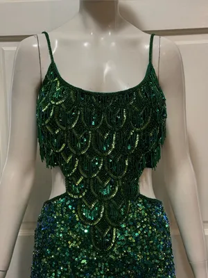 Rachel Allan Stunning Emerald Green Sequin Fringe Cutout formal Gown Size 6 thumbnail 4