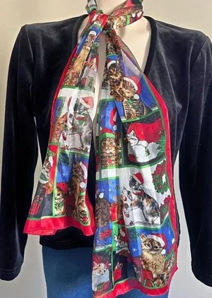 Vintage Christmas Cat Scarf Sheer Red Green Holiday Kitty Print Accessory thumbnail 1