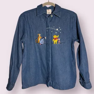 Vintage Disney Winnie The Pooh & Friends Denim Button Up Long Sleeve Shirt Small thumbnail 1