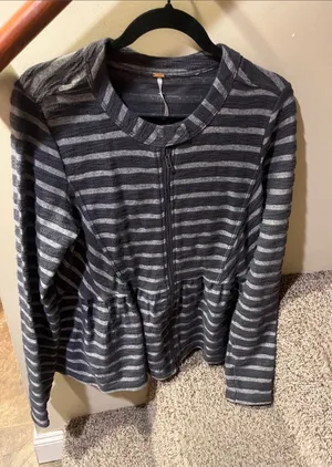 Free People Charcoal & Light Gray Striped Zip Peplum Jacket thumbnail 1
