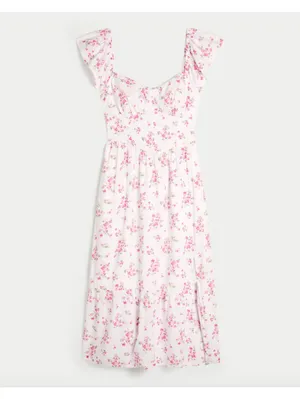 (C143) Hollister Pink White Floral Midi Dress XXL Petite V-Neck Flutter Sleeve thumbnail 4