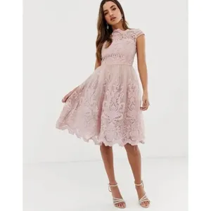 Chi Chi London Lace Premium Lace Midi Prom Dress With Bardot Neck In Mink thumbnail 2