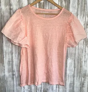 Loft Linen Pink Puff Sleeve Blouse •Large Petite thumbnail 1