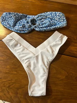 SheIn Blue Flowered Strapless Bikini Top With White Bottoms thumbnail 1