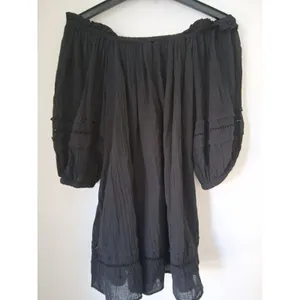 ELAN Black Off Shoulder Mini Dress Ballooo Sleeve Tunic size S 100% Cotton Gauze thumbnail 11