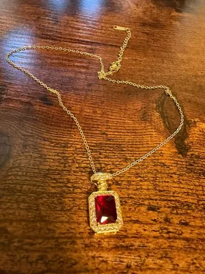 Gold Plated Red Crystal Perfume Bottle Necklace CZ Pave Pendant Chic Jewelry thumbnail 2