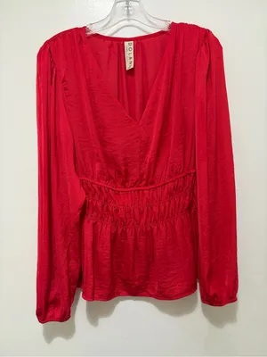 Anthropologie Dolan Red Satin V-Neck Smocked Waist Peplum Blouse Medium thumbnail 3